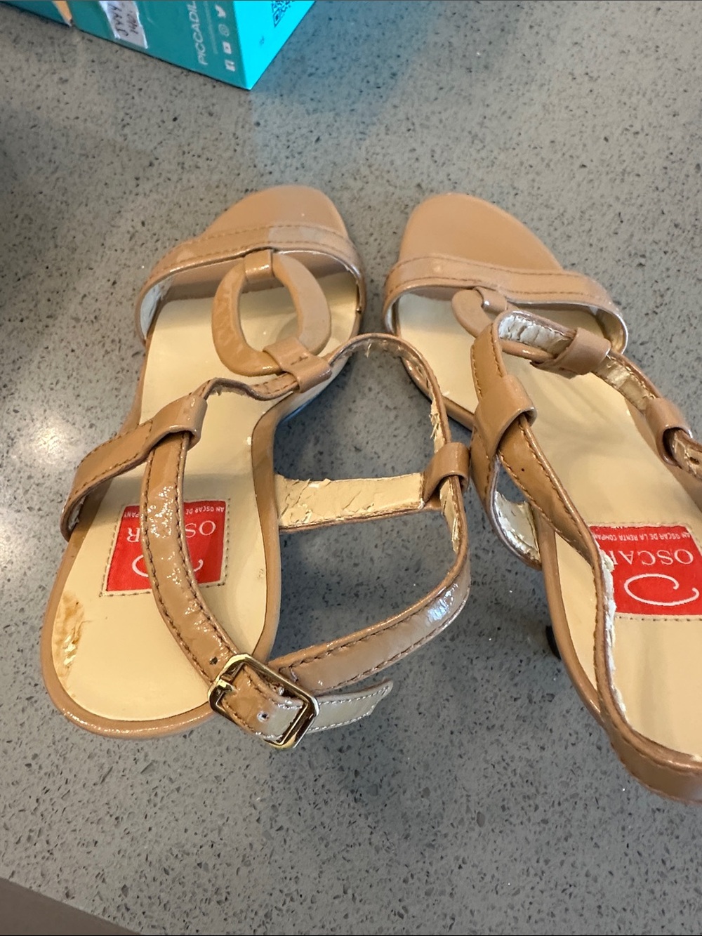 Oscar de la Renta Nude Patent Leather T-Strap Sandals
